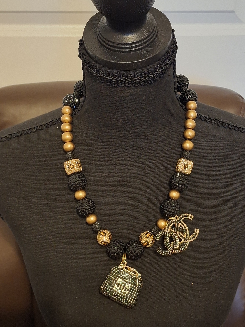 Handmade Black and Gold Beaded Pendant Necklace